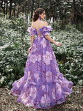 Elegant Ruffle Trim Off Shoulder Floral Organza Prom Dress - Elonnashop