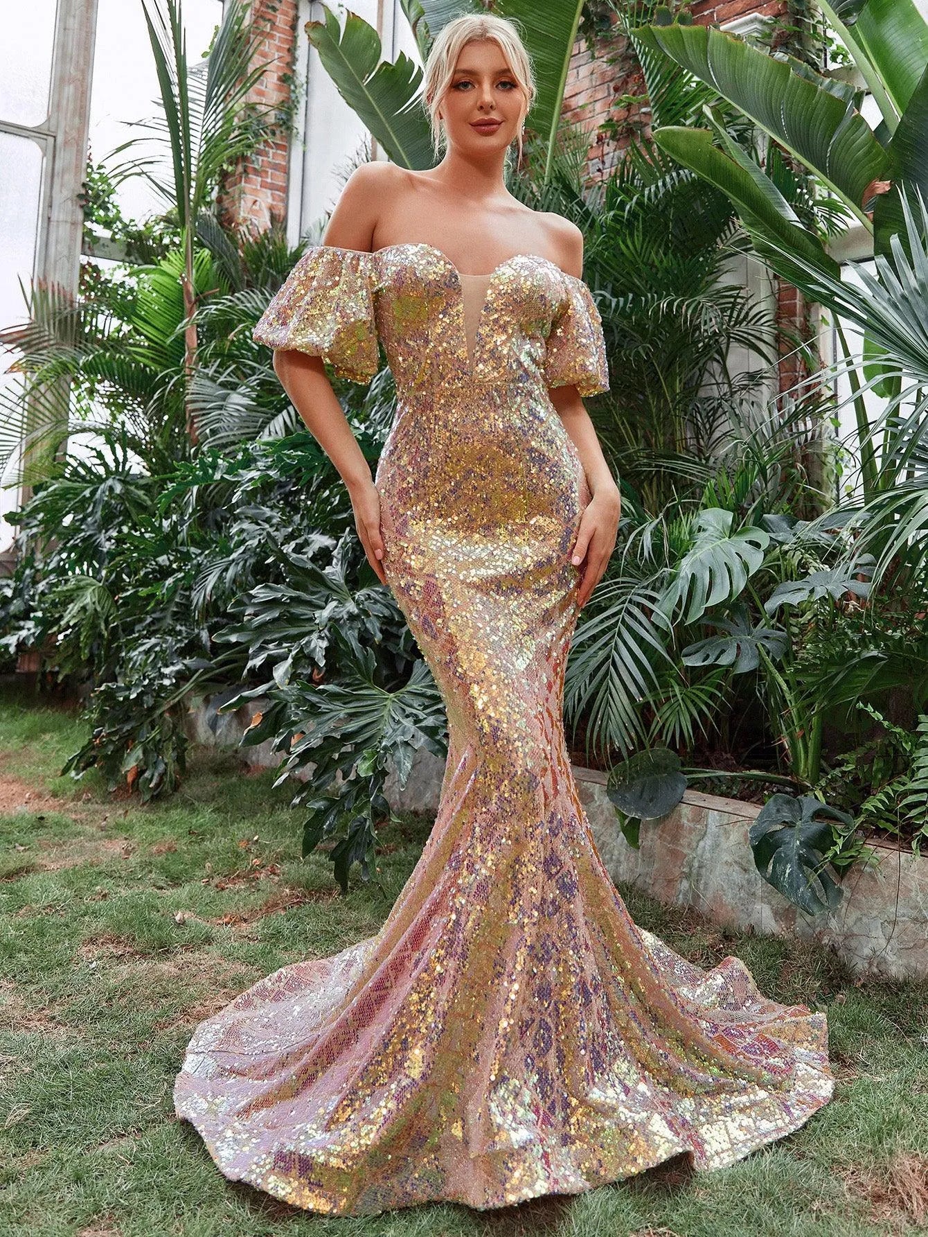 Off Shoulder Puff Sleeves Sequin Mermaid Dresses - Elonnashop