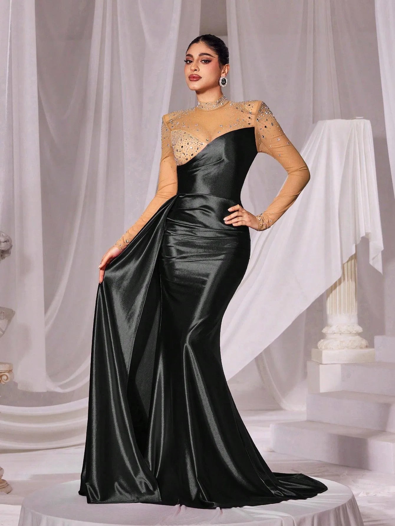 Rhinestone Detail Mock Neck Satin Mermaid Prom Dress - Elonnashop