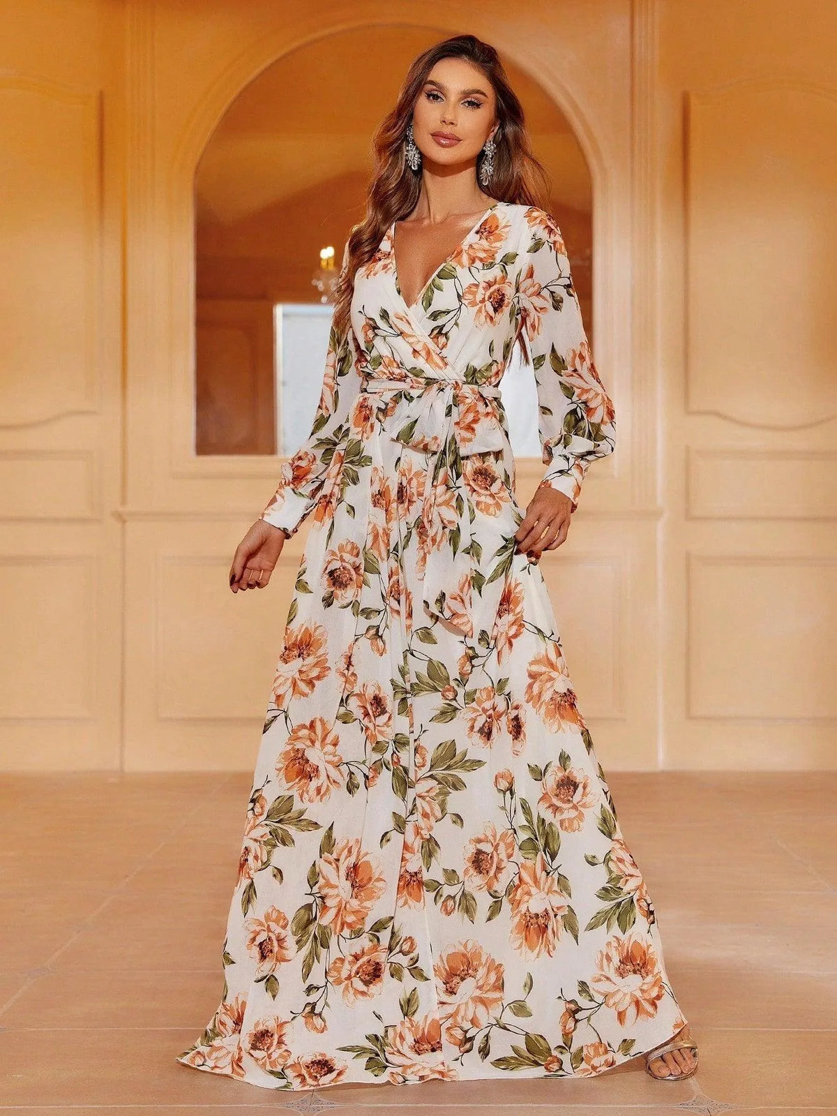 Elegant V Neck Long Sleeve Chiffon Floral Print Dress - Elonnashop