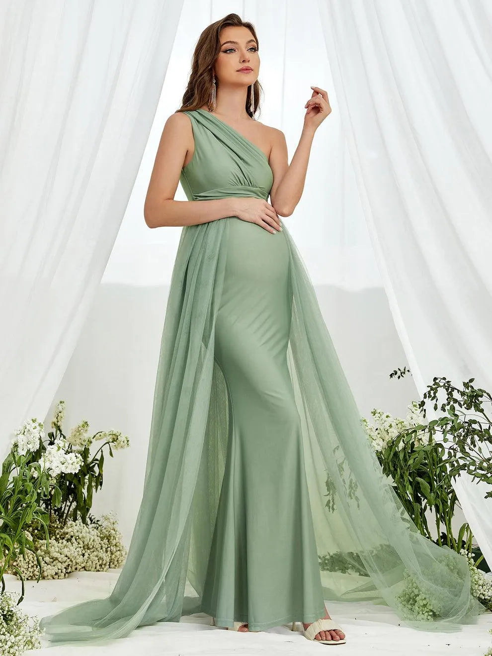 Maternity One Shoulder Contrast Mesh Mermaid Prom Dress - Elonnashop