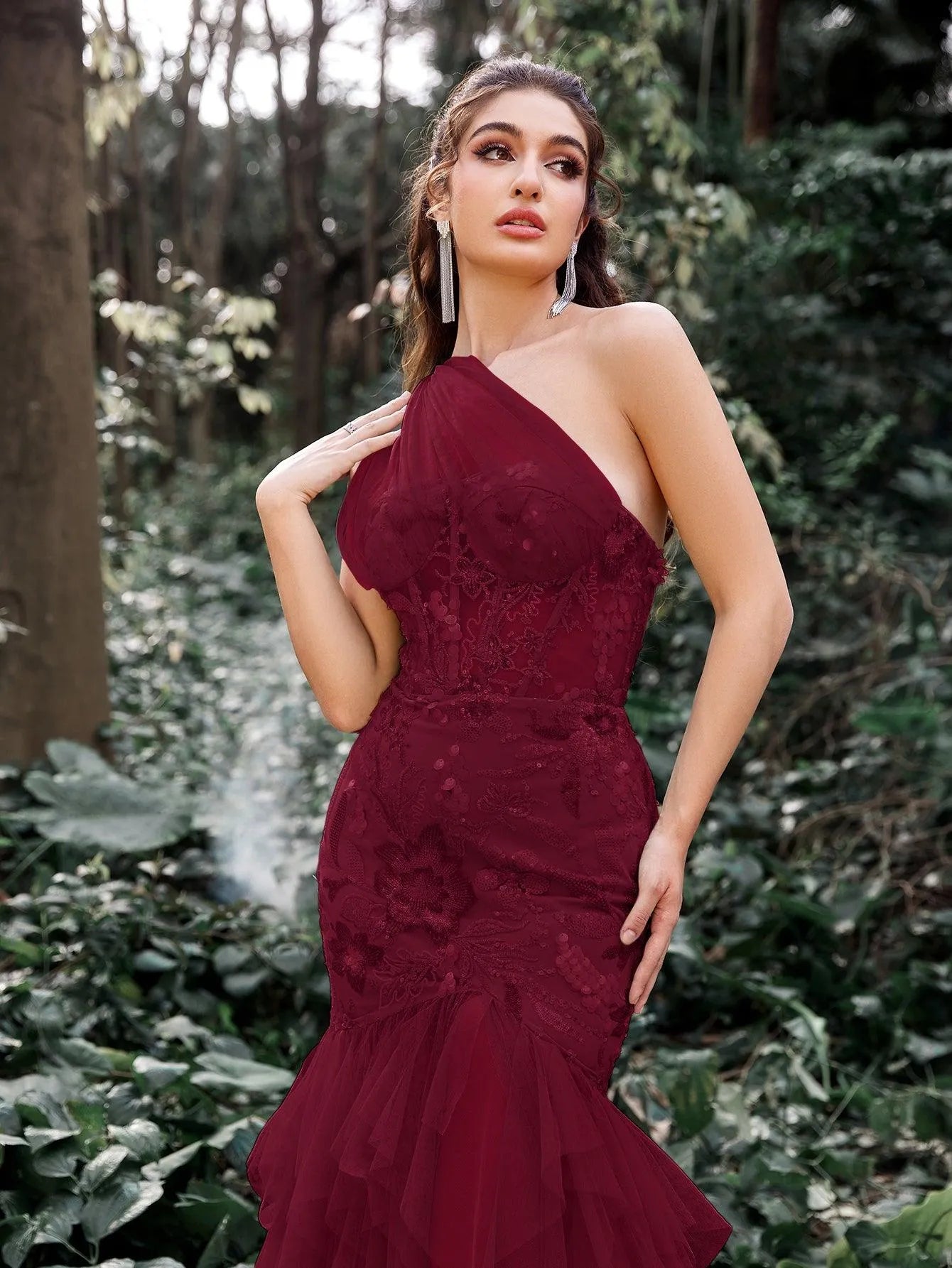 prom dress with tulle overlay Spaghetti Strap Long Dress with Embroidered Tulle Overlay HAREM's Brides