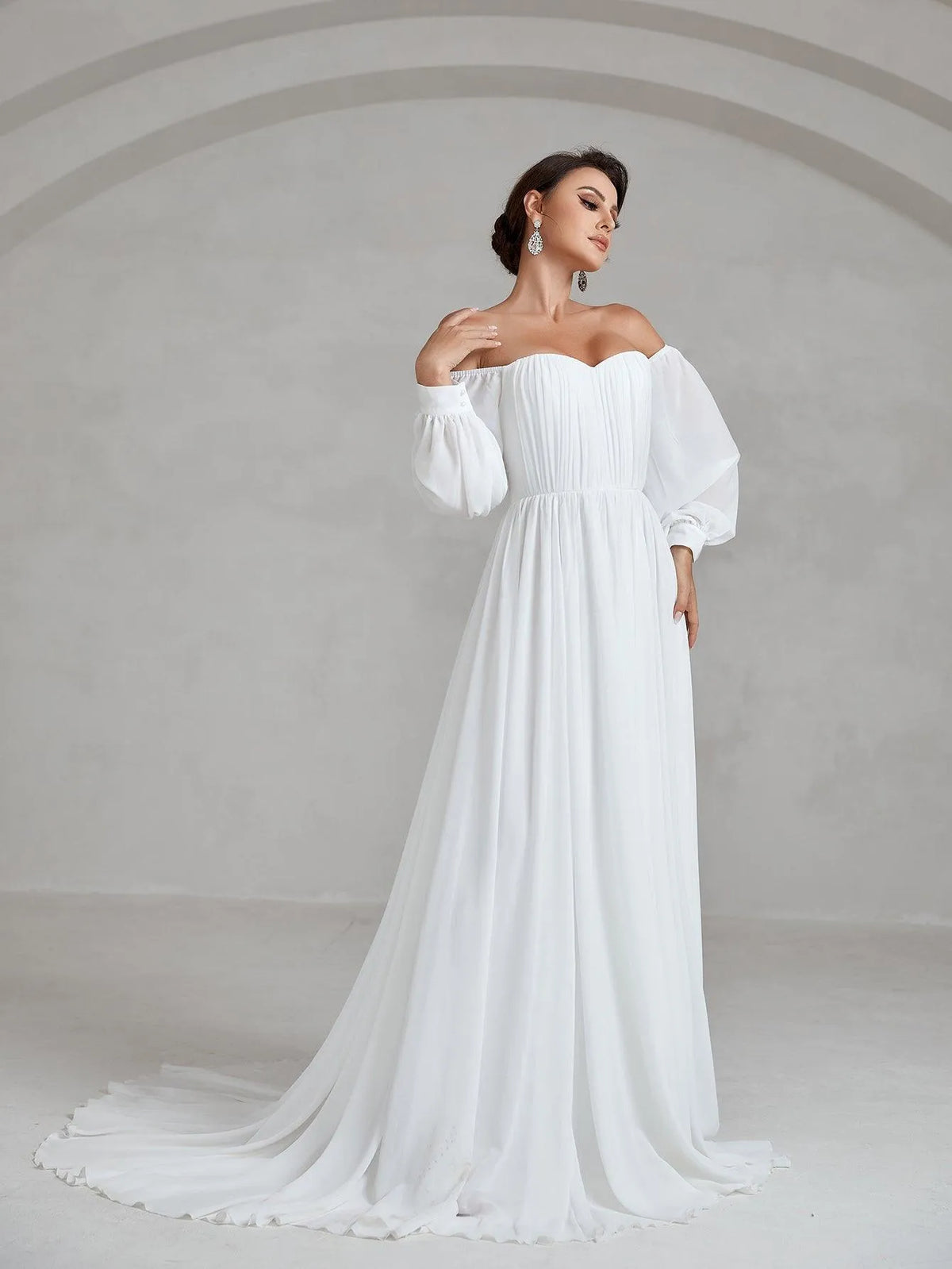 Off Shoulder Lantern Sleeve Chiffon Wedding Dress - Elonnashop