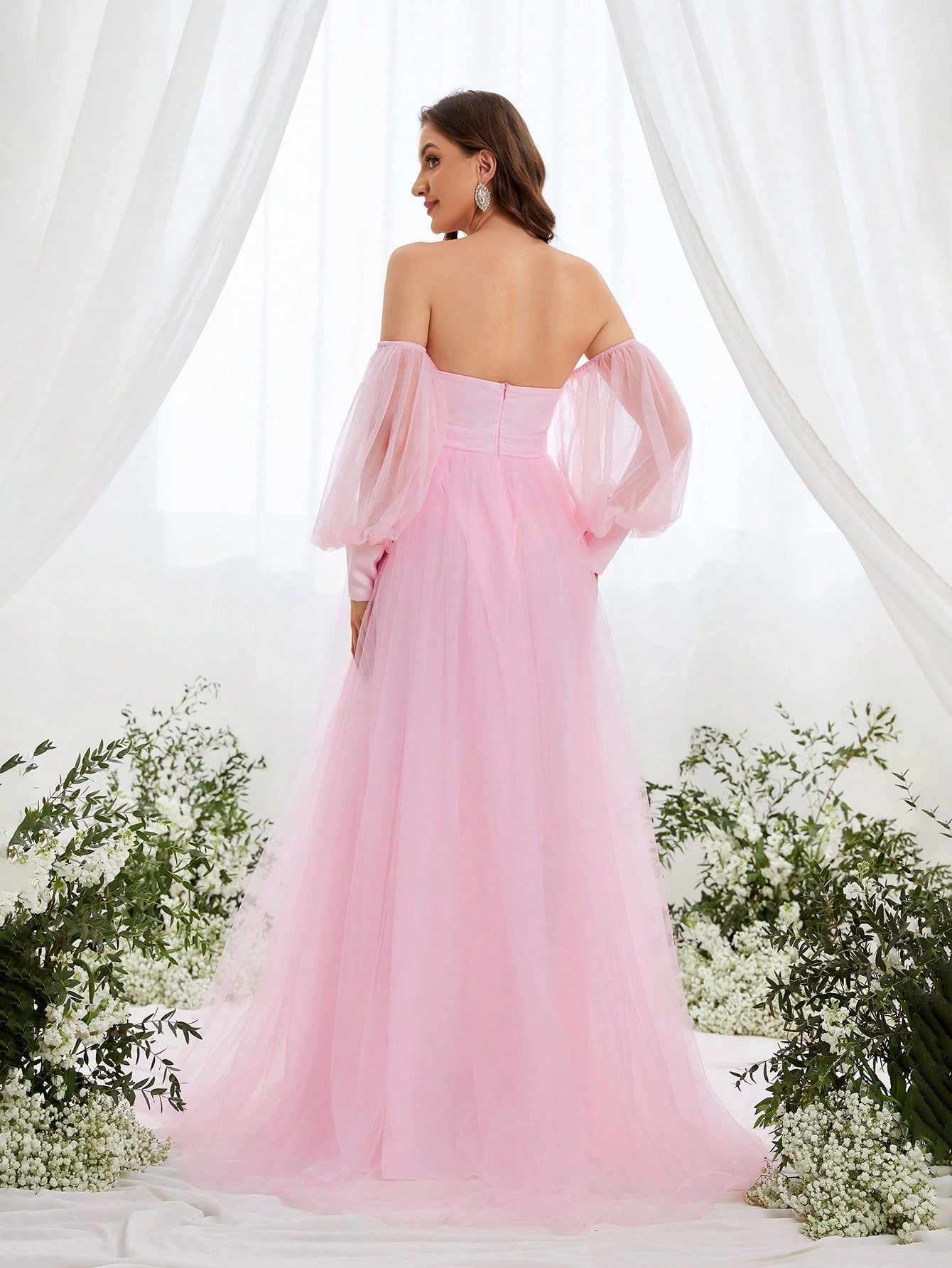 Maternity Off-Shoulder Evening Gown with Puff Sleeves Flowy Tulle D Elonnashop Maternity Off-Shoulder Evening Gown with Puff Sleeves Flowy Tulle D Elonnashop