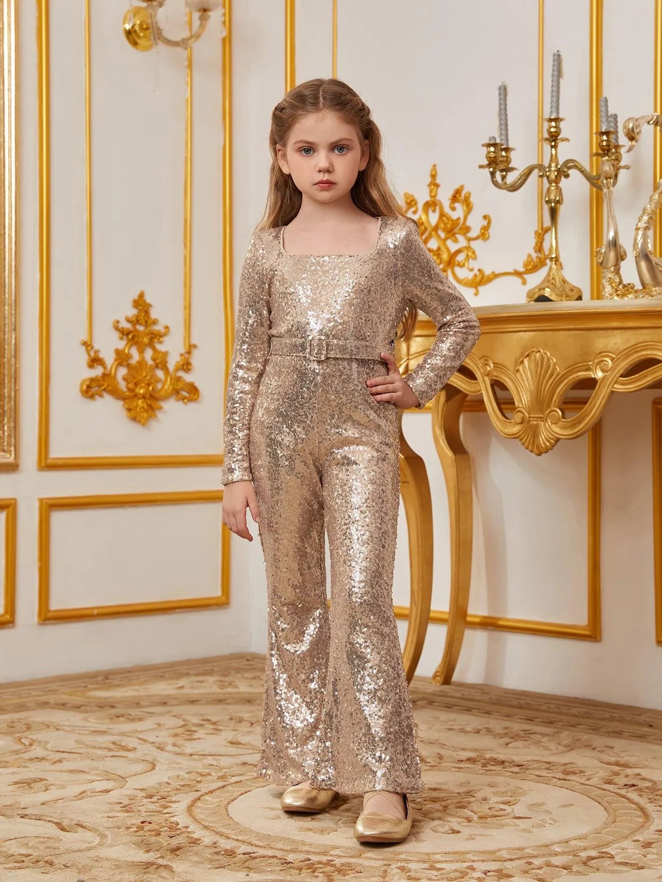 Tween Girls' Square Collar Long Sleeves Sequin Belted Jumpsuit - Elonnashop