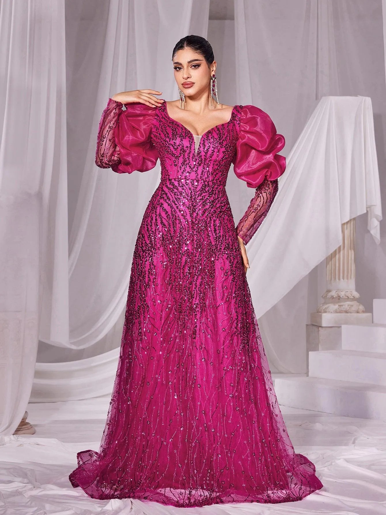 Gorgeous Plunging Neck Gigot Sleeves Maxi Prom Dress - Elonnashop