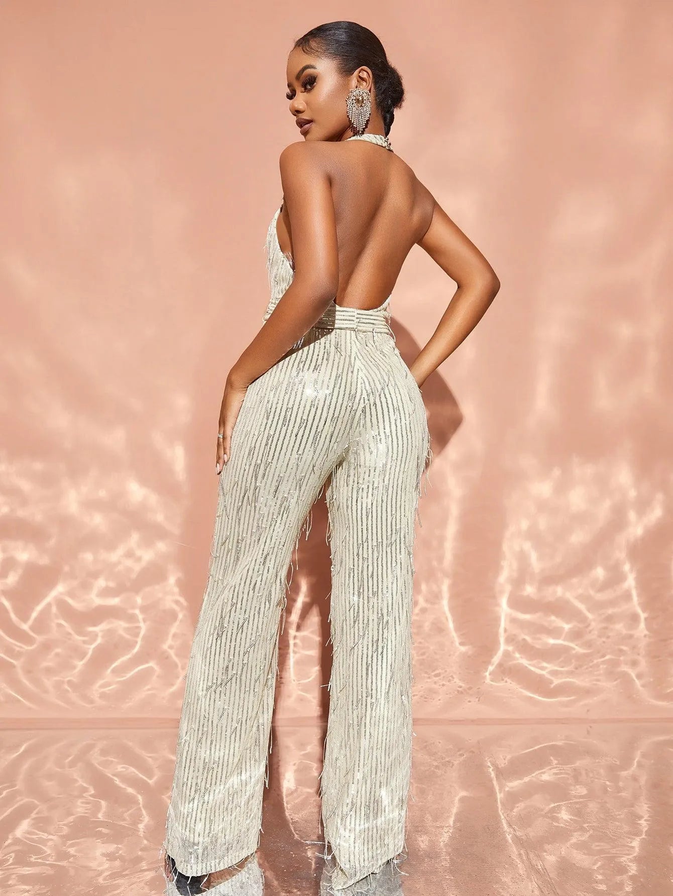 Chic Halter Neck Backless Sequin Belted Jumpsuit - Elonnashop