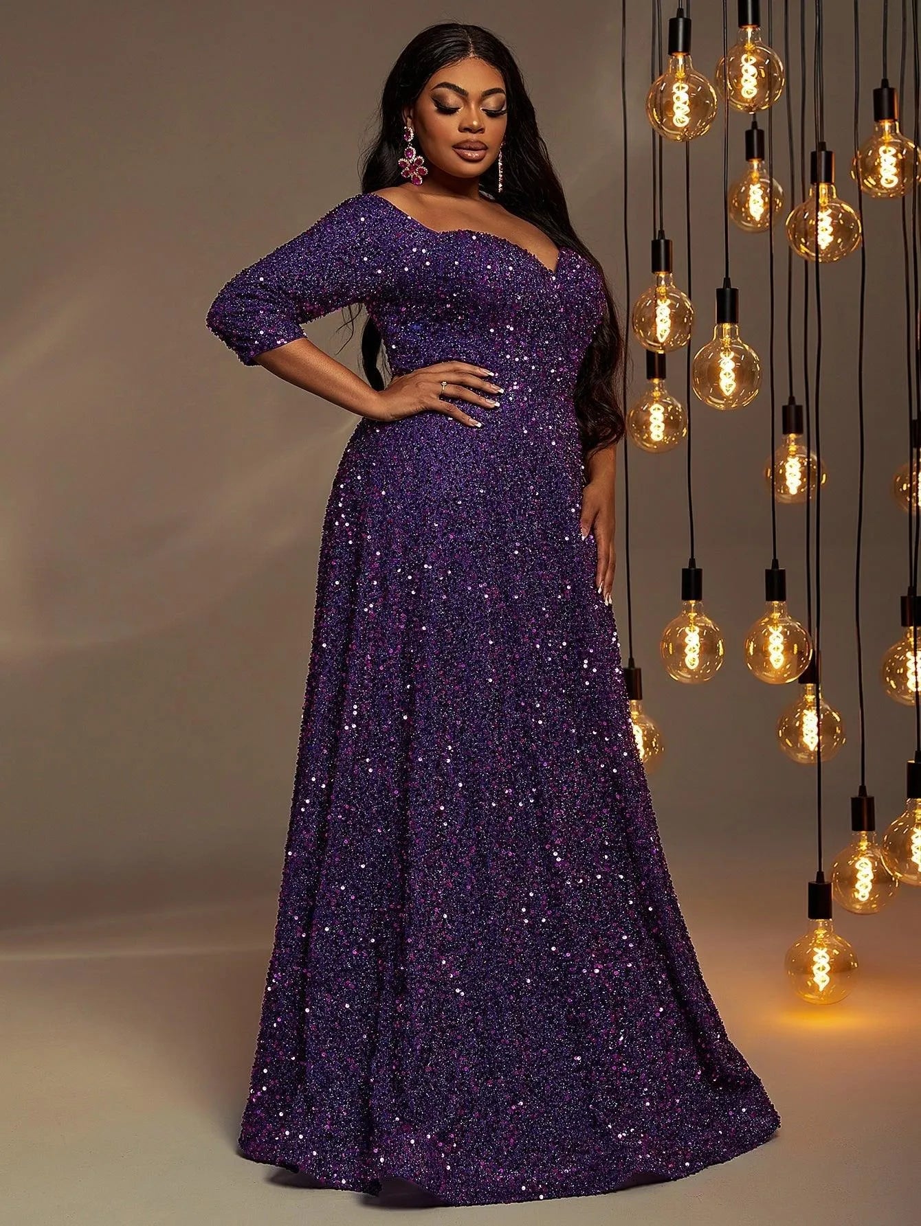 Plus Off Shoulder 3/4 Sleeves Sequin A Line Dress - Elonnashop