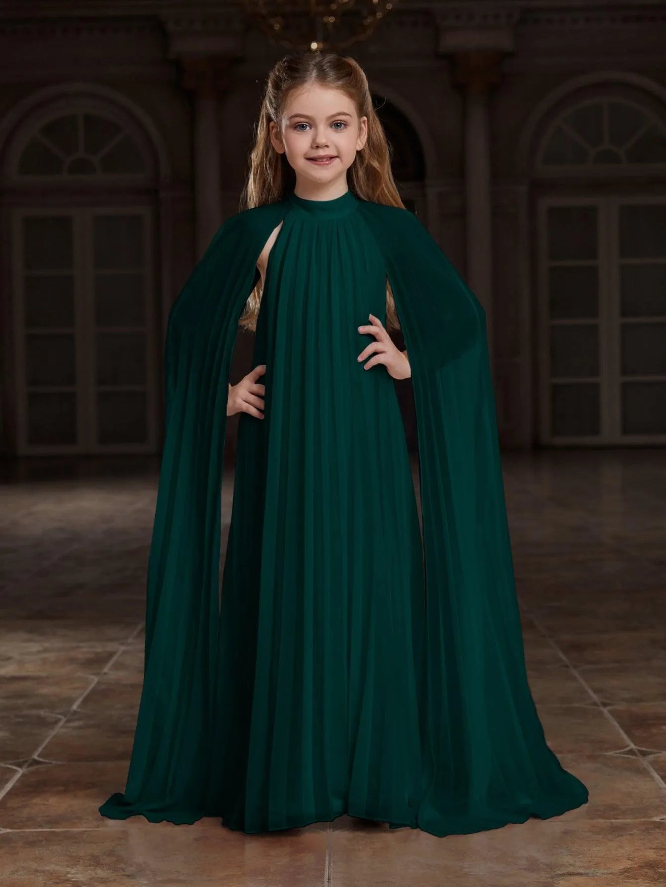 Tween Girls' Mock Neck Extra-Long Sleeves Pleated Chiffon Dress - Elonnashop