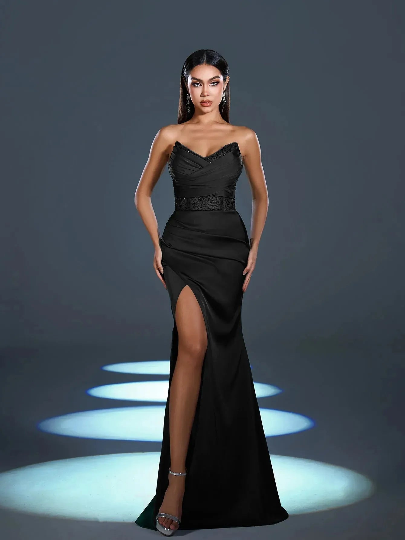 sequin split dress Long One Shoulder Sequin Leg Slit Dress by LaDivine CH077
