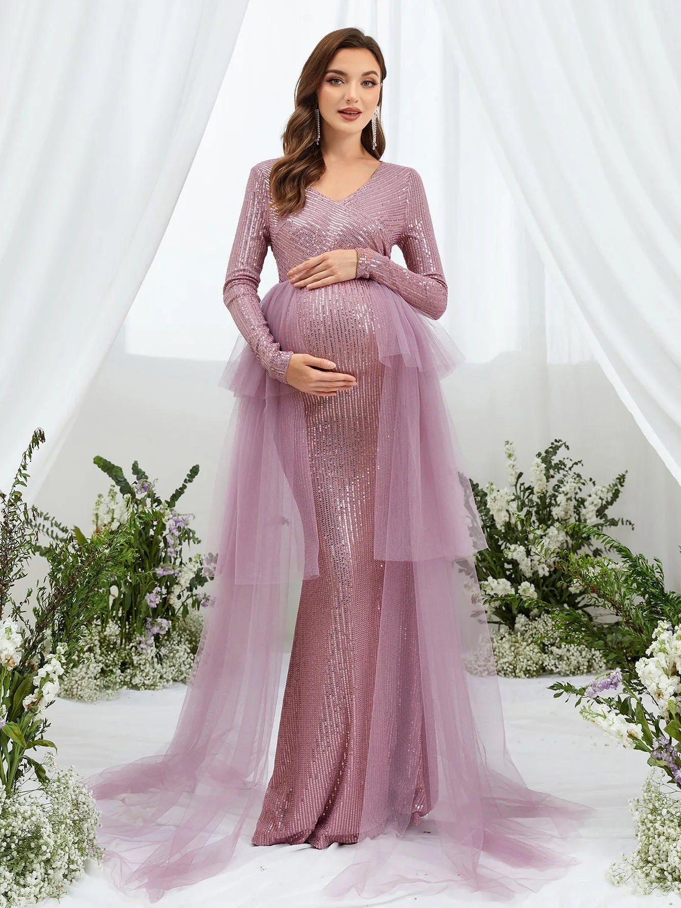 Maternity Surplice Nec Mesh Overlay Sequin Mermaid Dress