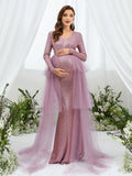 Maternity Surplice Nec Mesh Overlay Sequin Mermaid Dress