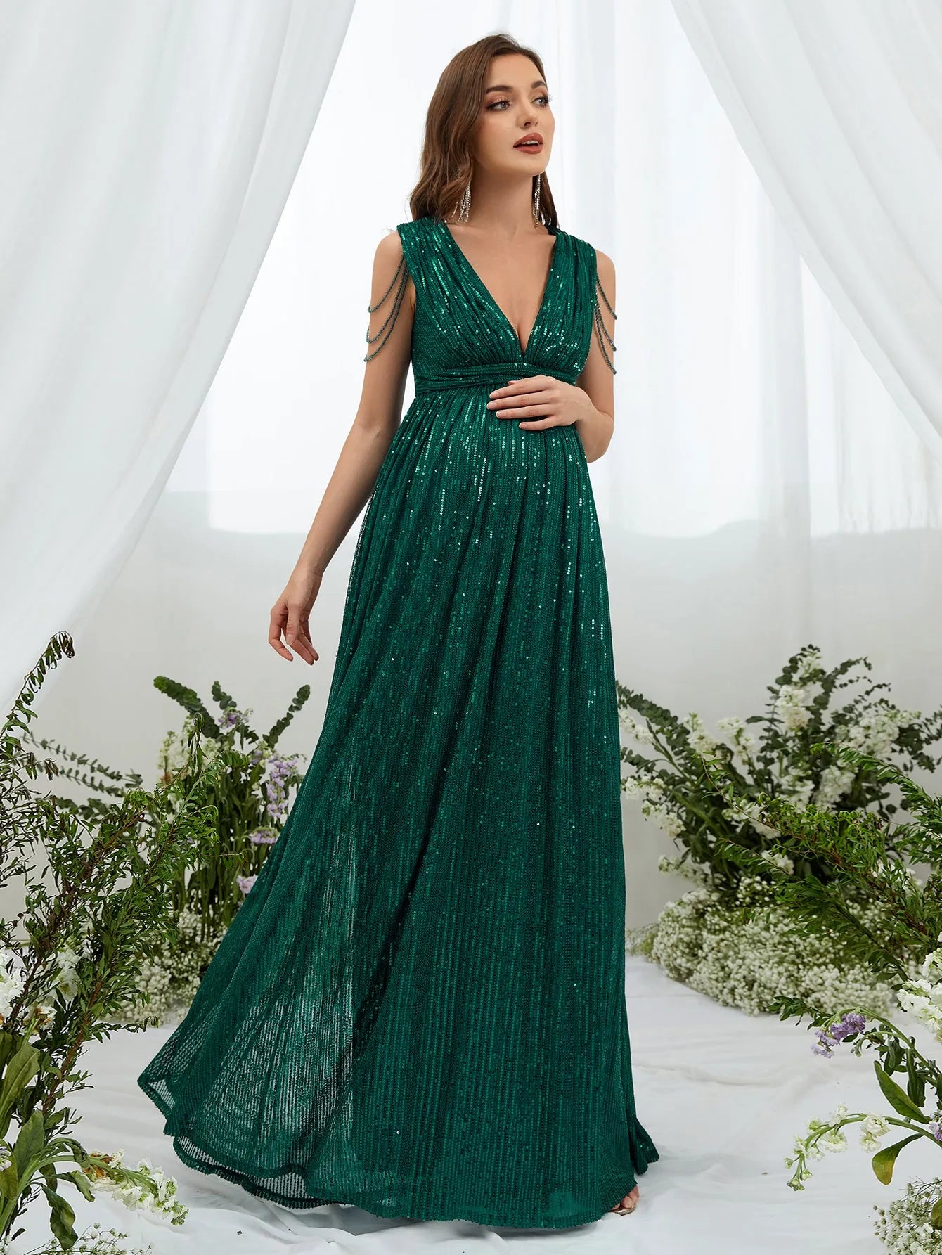 Maternity Chain Detail Plunging Neck Sequin Dress