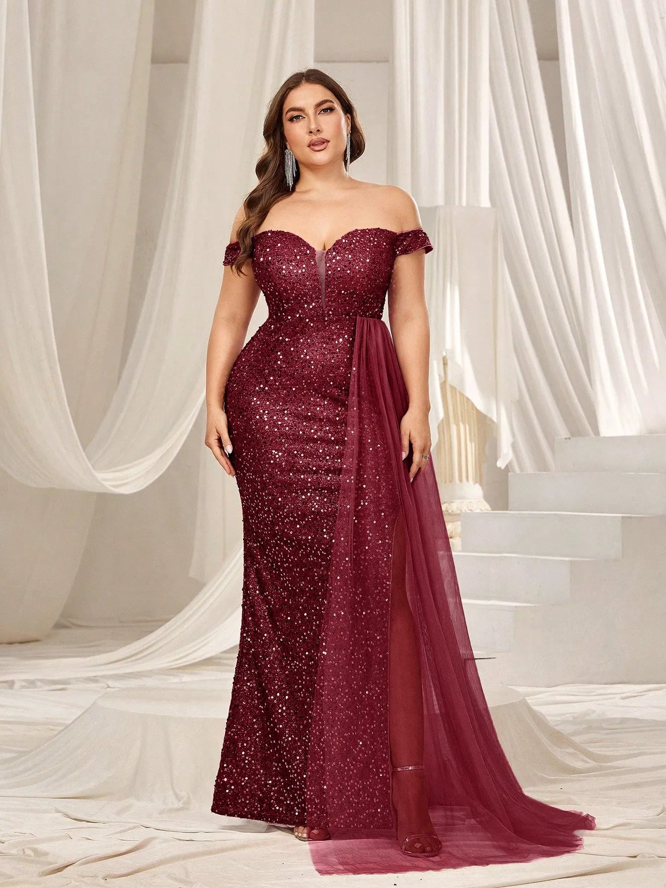 Plus Elegant Off Shoulder Split Thigh Sequin Formal Dress Elonnashop Plus Elegant Off Shoulder Split Thigh Sequin Formal Dress Elonnashop