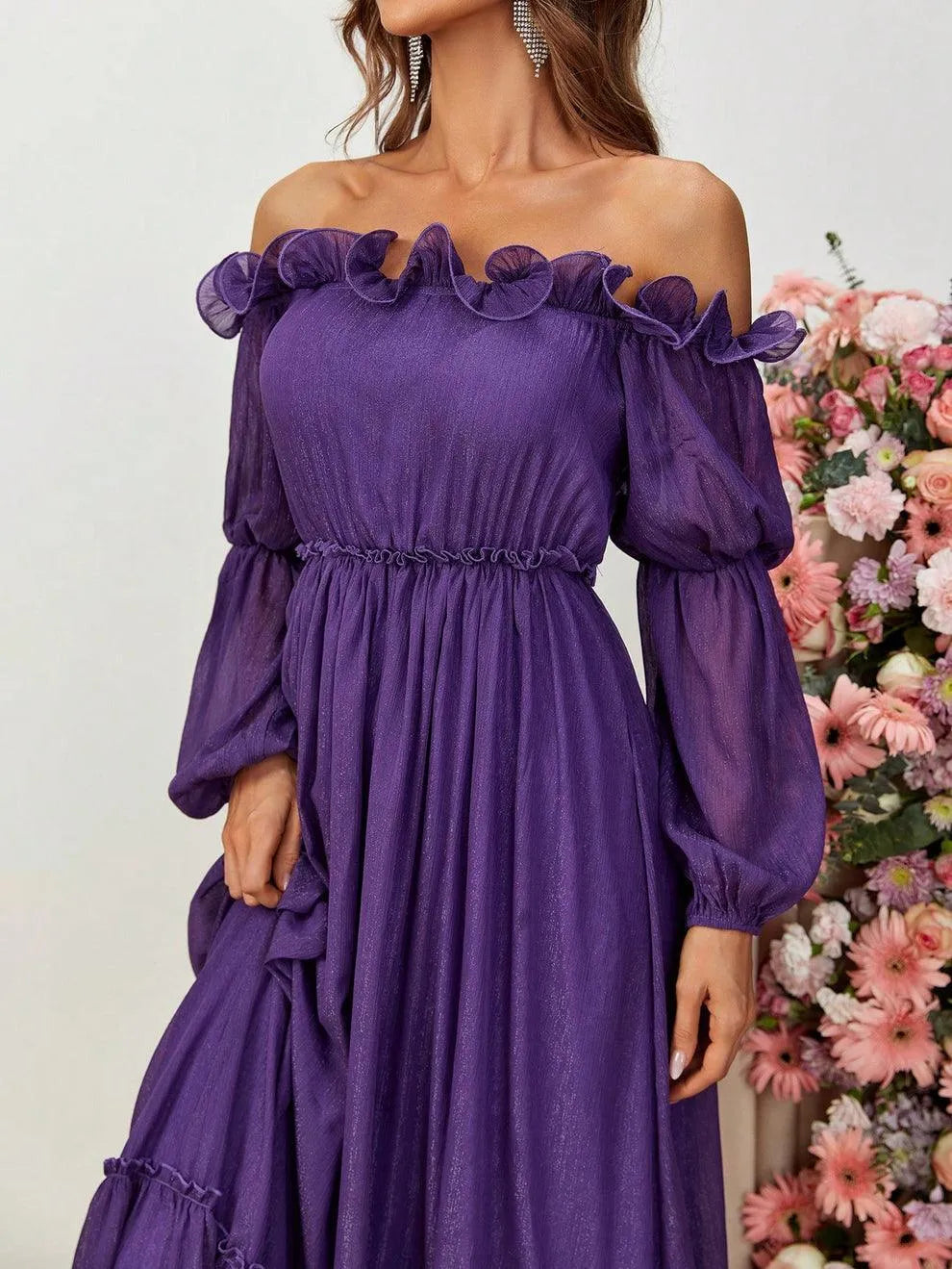Off Shoulder Ruffle Trim A Line Dress – Elonnashop