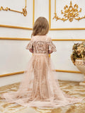 Young Girls' Sweetheart Collar Puff Sleeves Mesh Overlay Sequin Dress - Elonnashop