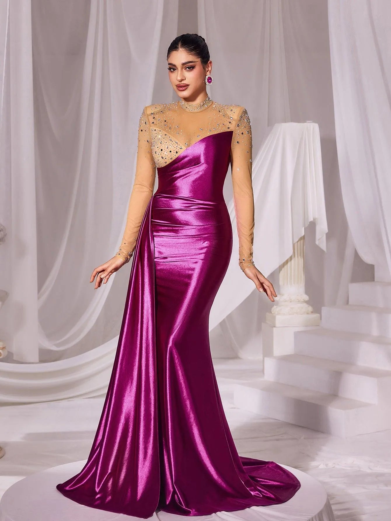 Rhinestone Detail Mock Neck Satin Mermaid Prom Dress - Elonnashop