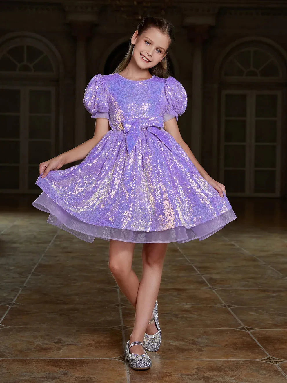 Tween Girls' Cute Bow Front Puff Sleeve Sequin Party Dress