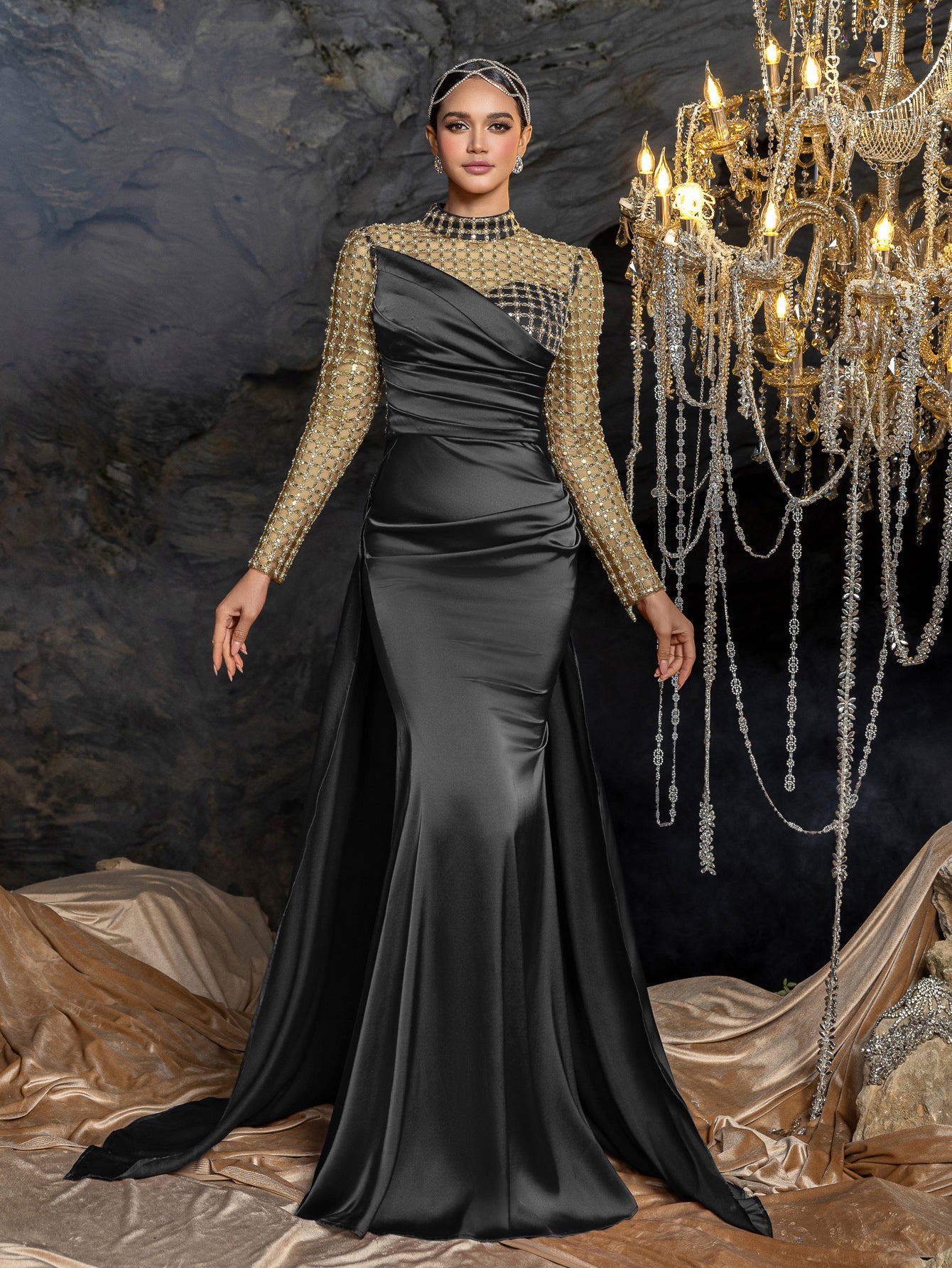 Elegant Beaded Sheer Long Sleeve Gown | High Neck & Satin Mermaid Skirt