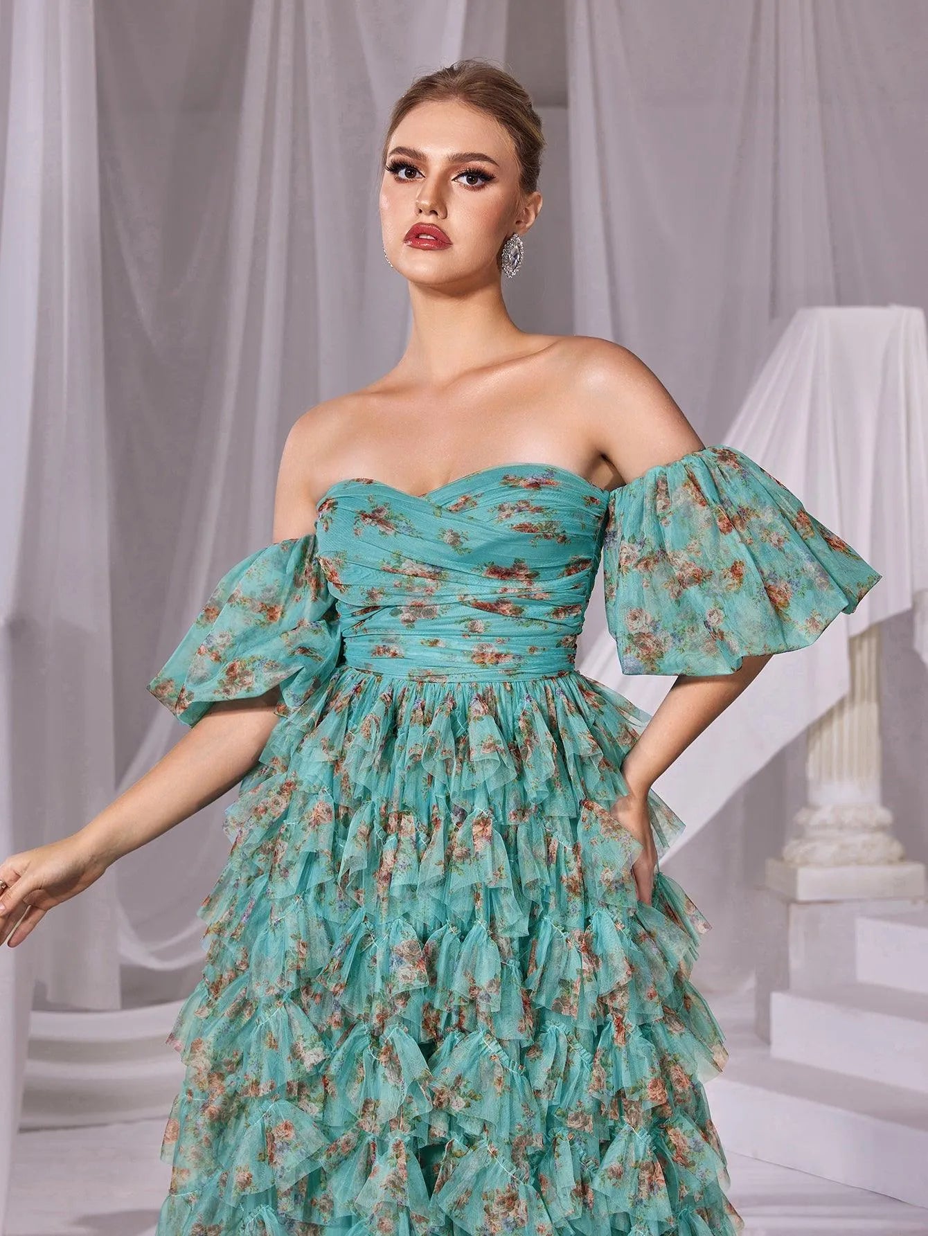 Floral Printed Off Shoulder Puff Sleeves Cake Prom Dress - Elonnashop