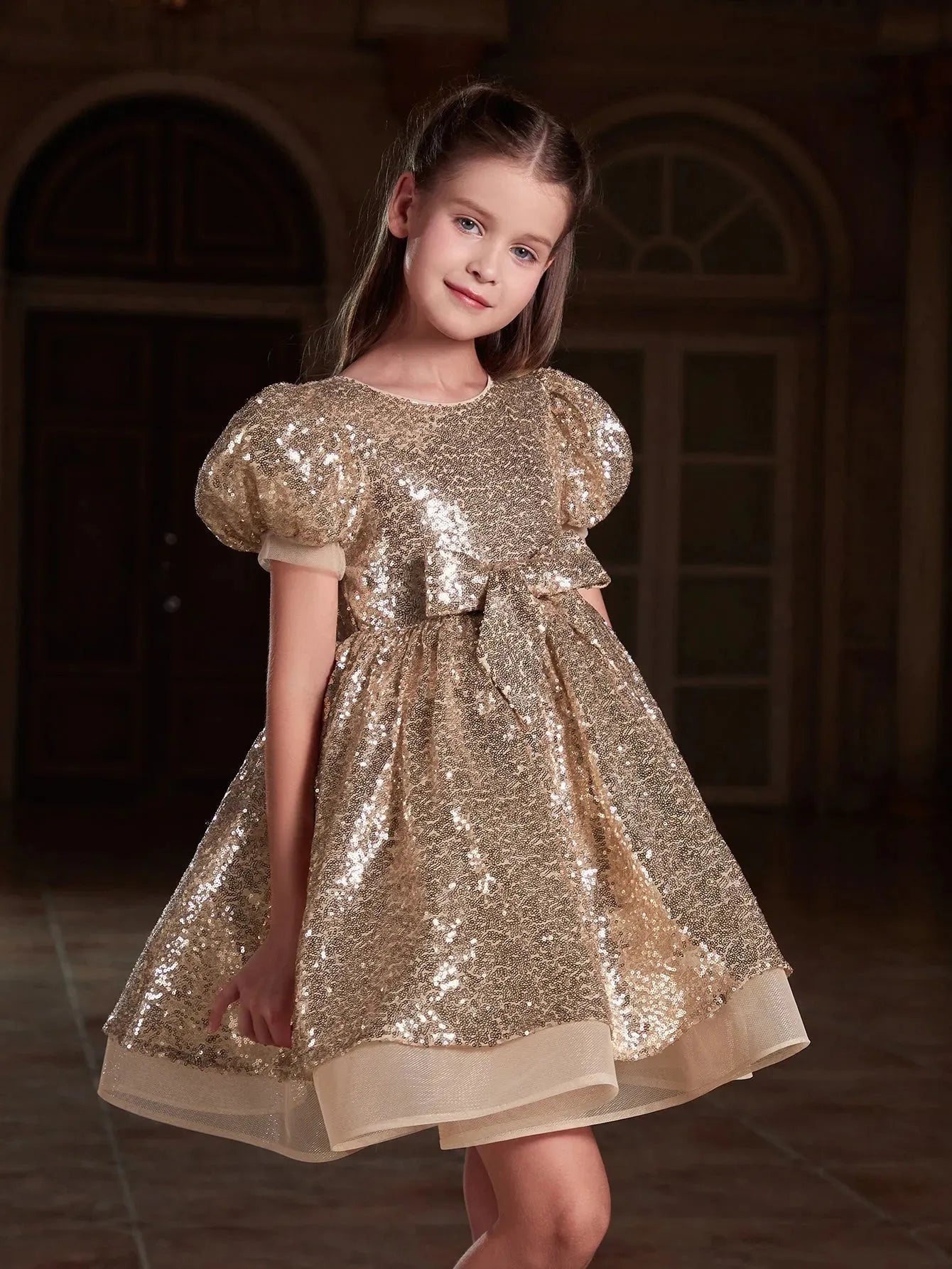 Tween Girls' Cute Bow Front Puff Sleeve Sequin Party Dress