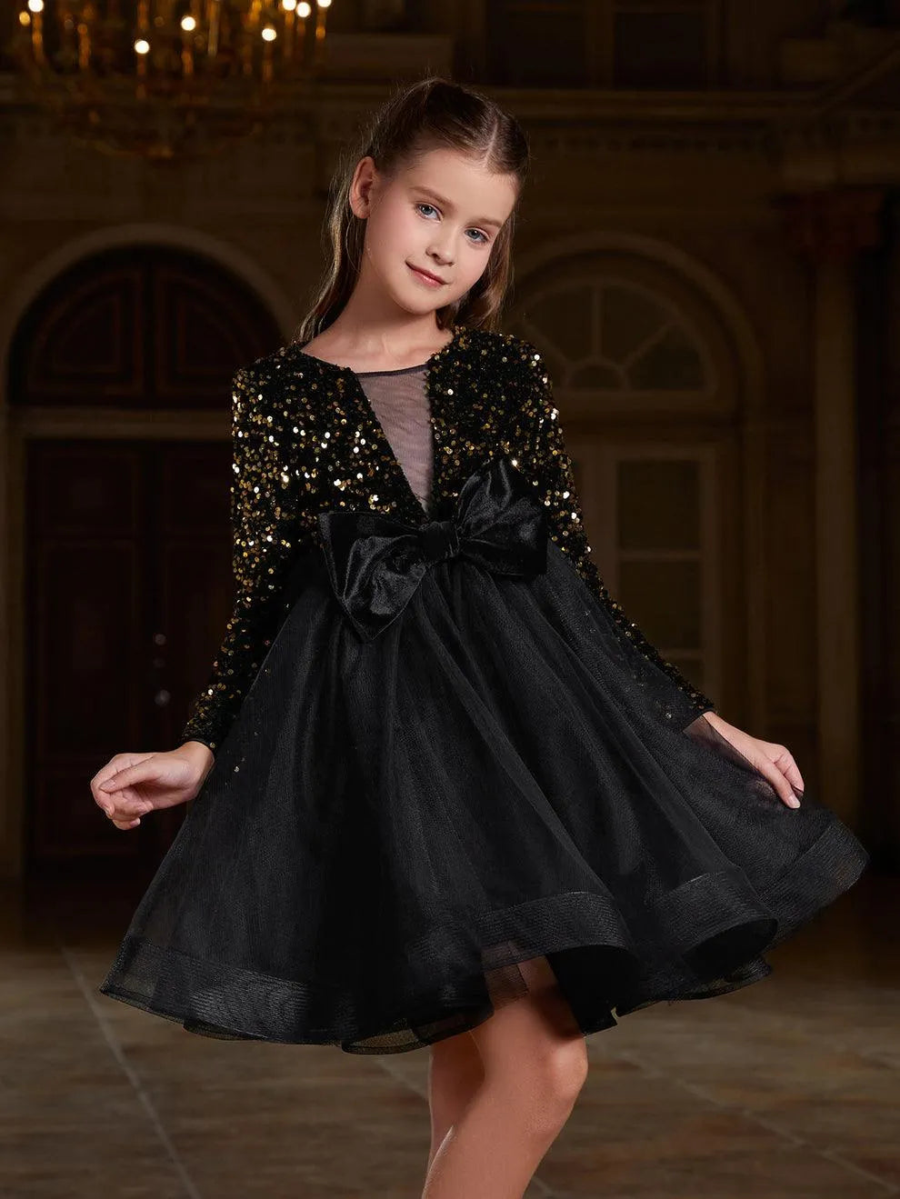 Tween Girls' Cute Bow Front Long Sleeve Party Dress - Elonnashop