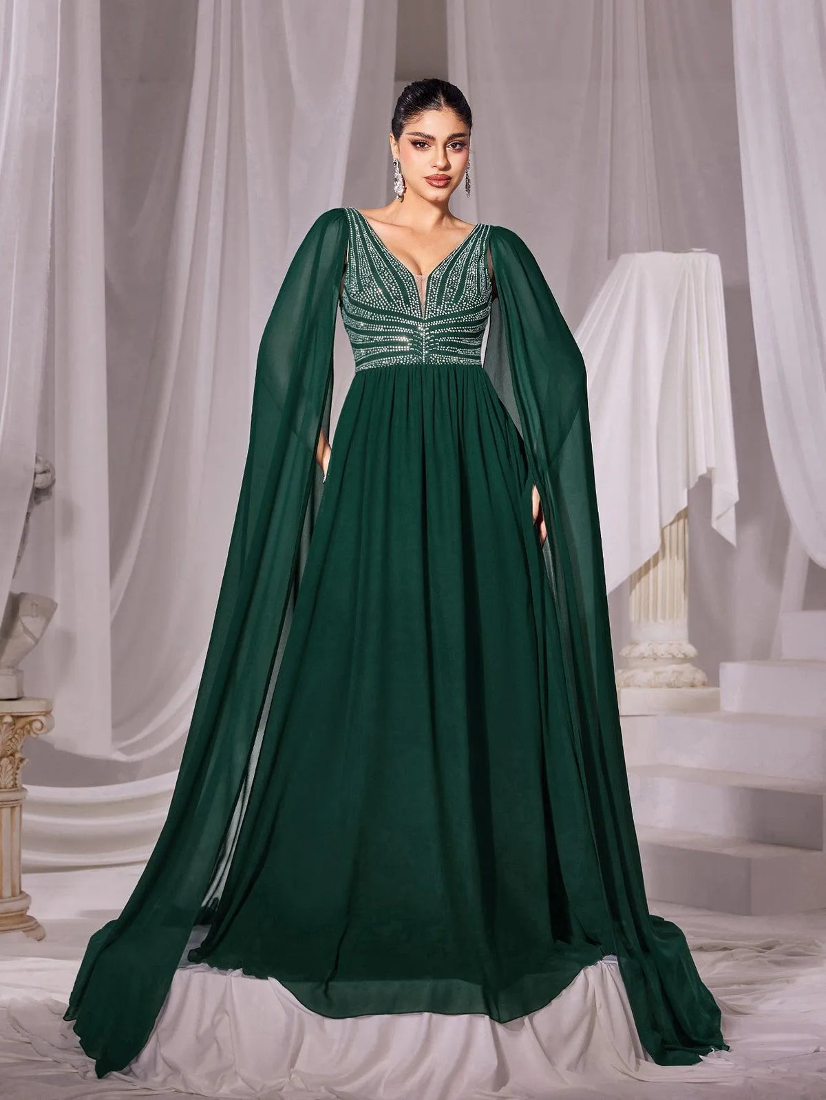 Rhinestone Detail Cape Sleeves Chiffon Evening Dress - Elonnashop