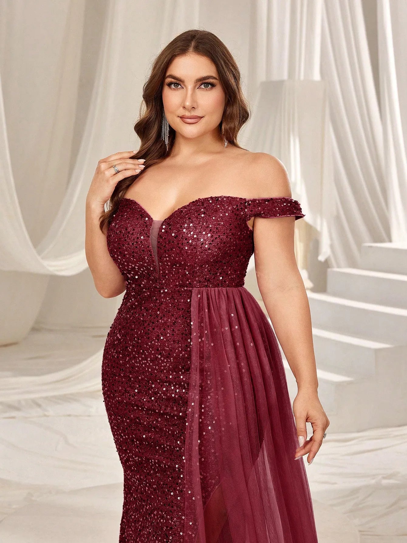 Plus Elegant Off Shoulder Split Thigh Sequin Formal Dress