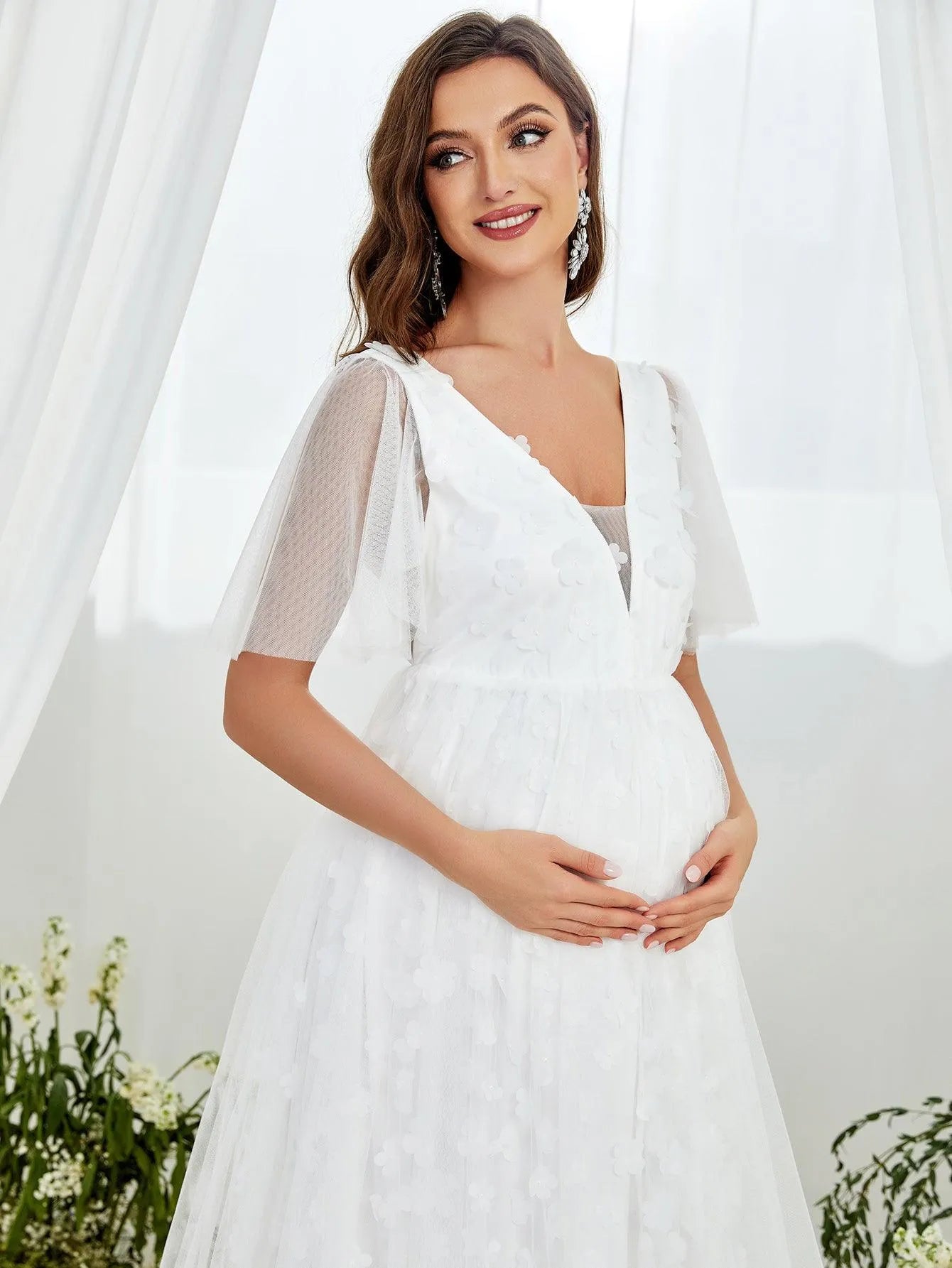 Maternity Butterfly Sleeve Floral Applique Mesh Wedding Dress - Elonnashop