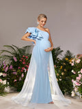 Maternity One Shoulder Ruffle Trim Mesh Overlay Mermaid Party Dress