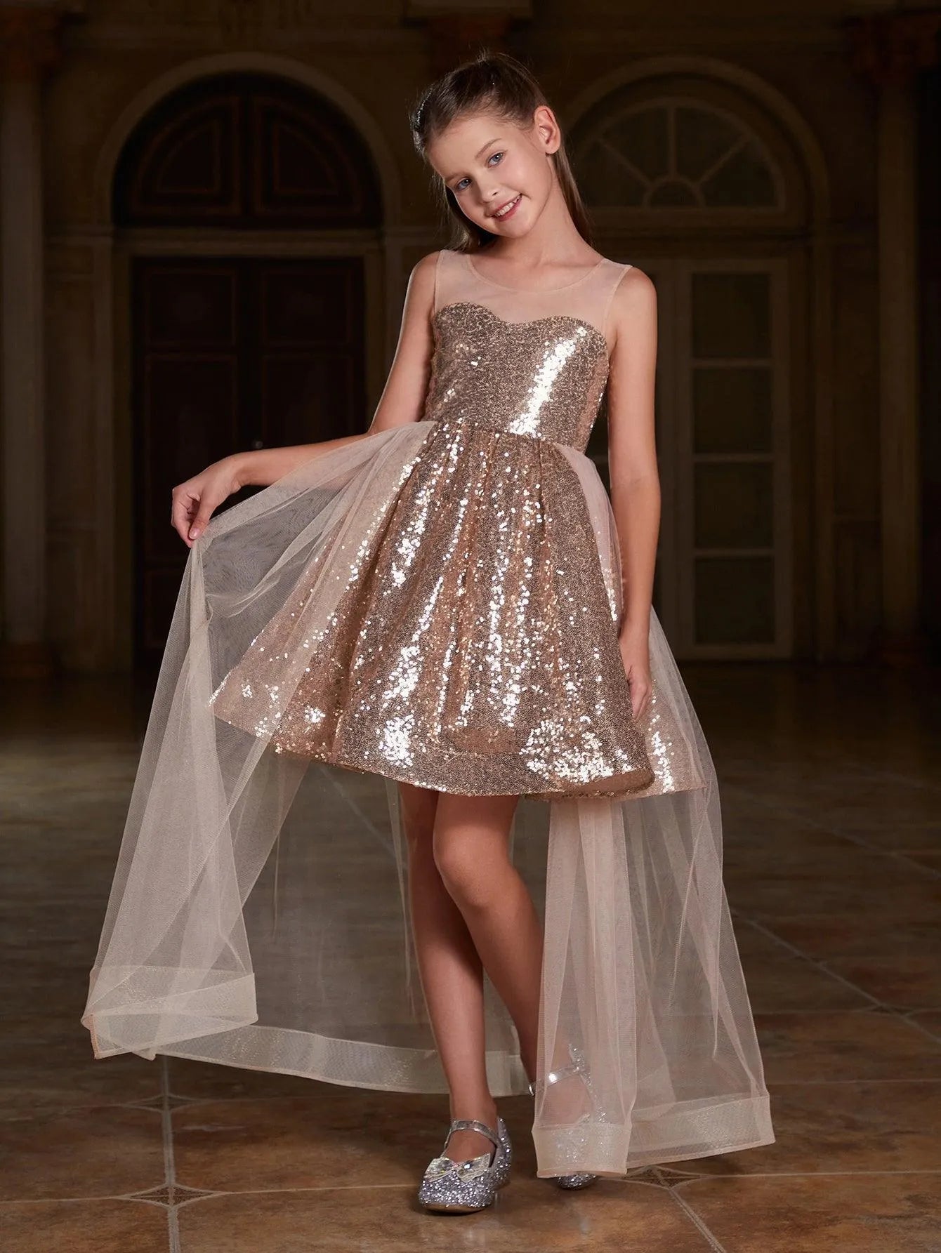 Tween Girls' Sleeveless Contrast Mesh Sequin Party Dress – Elonnashop