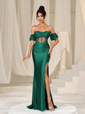 Elegant Off Shoulder Ruched Bust Split Mermaid Hem Evening Dress