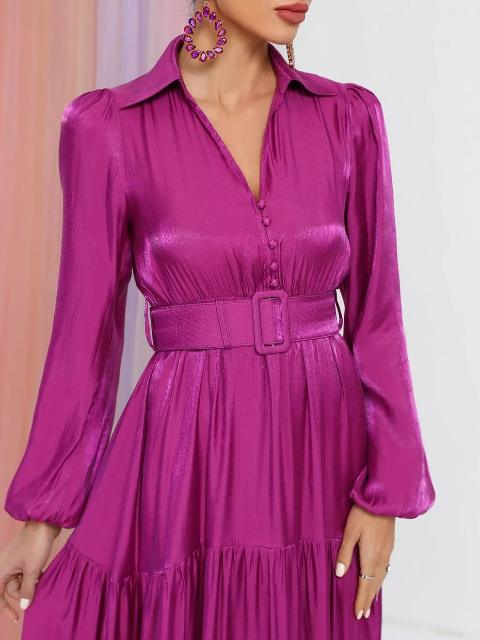 Elegant Bishop Sleeves Ruffle Hem Belted Dress - Elonnashop