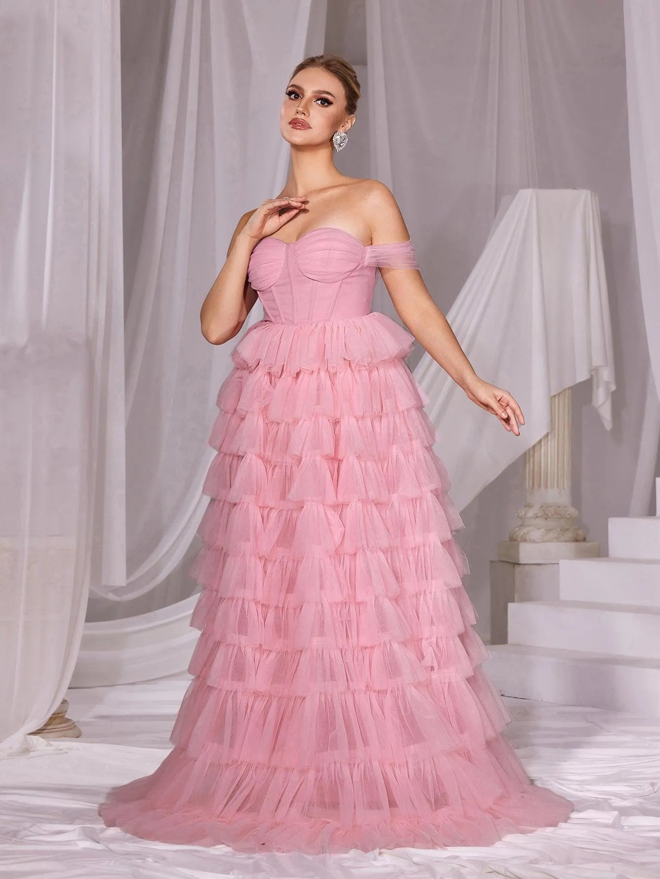 Off Shoulder Mesh Layered Hem Cake Prom Dress - Elonnashop