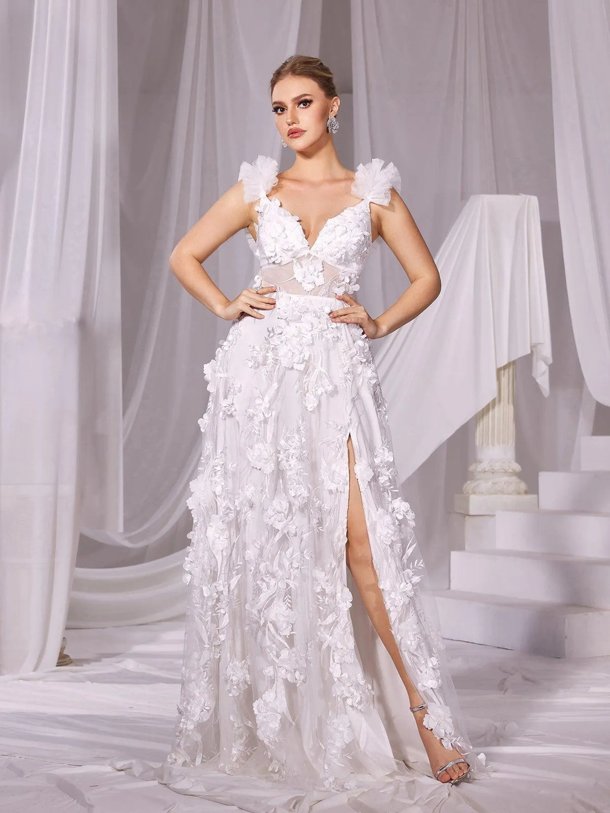 Floral Applique Plunging Neck Split Mesh Wedding Dress - Elonnashop