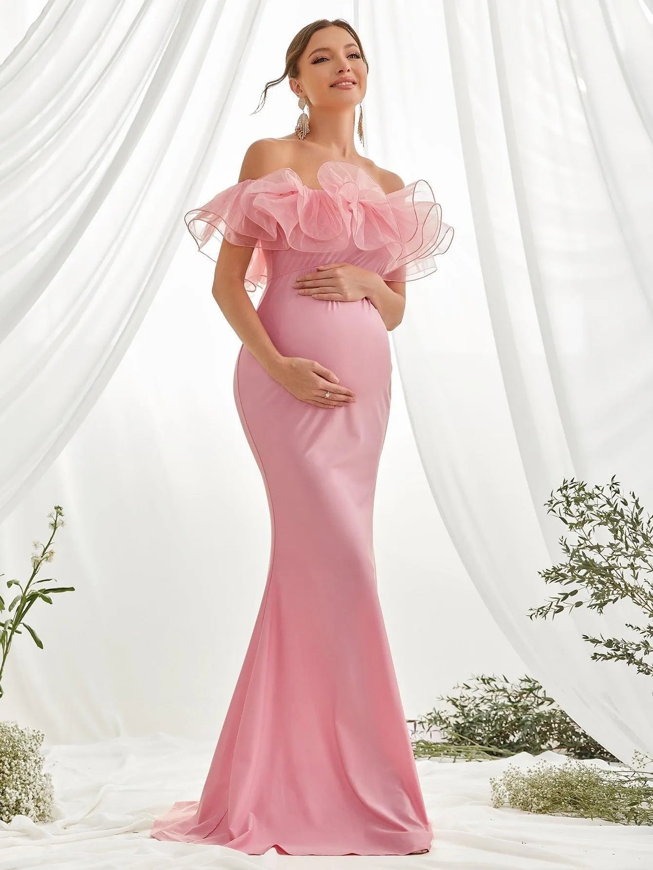 Maternity Ruffle Trim Off Shoulder Mermaid Hem Party Dress - Elonnashop