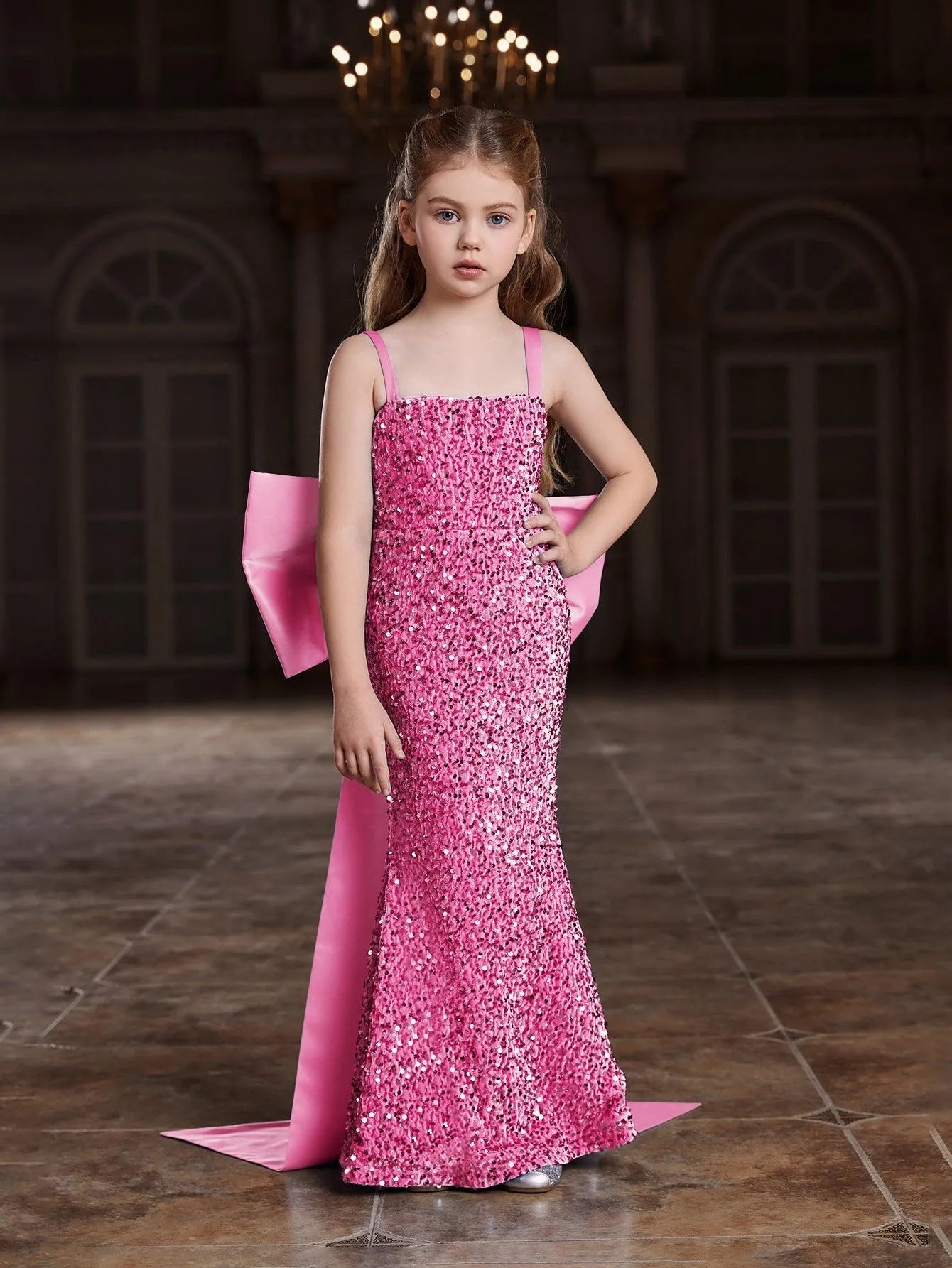 Tween Girls' Square Collar Sequin Mermaid Dress With Big Bow - Elonnashop