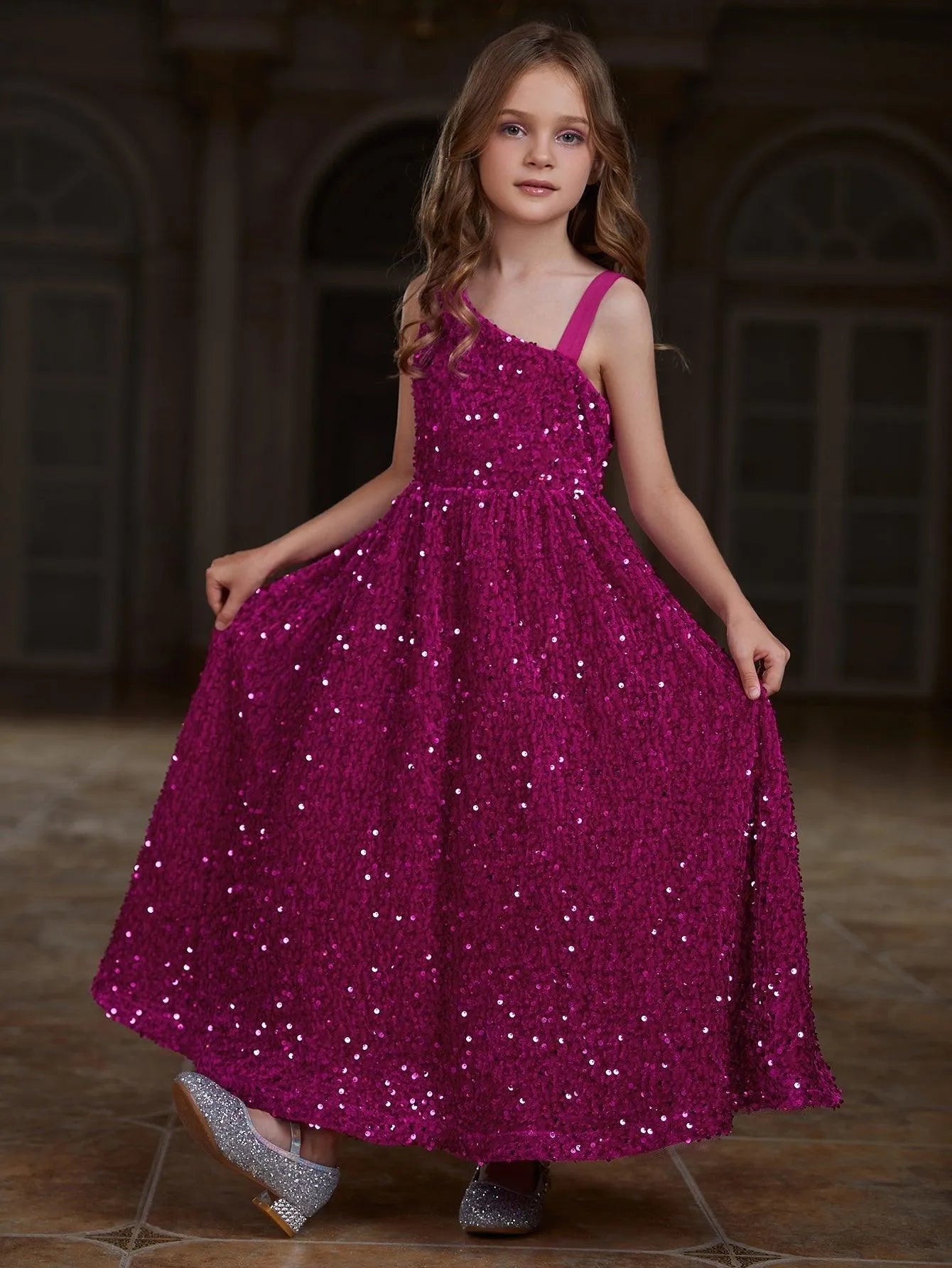 Tween Girls' Asymmetrical Neckline Sleeveless Sequin Party Dress - Elonnashop