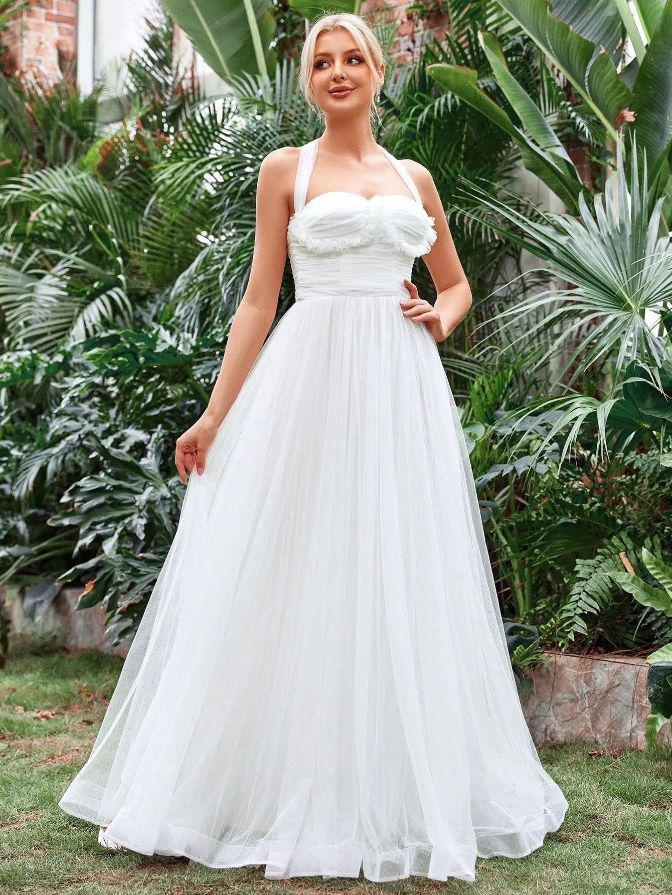 Halter Neck Applique Ruched Bustier Mesh Wedding Dress Elonnashop Halter Neck Applique Ruched Bustier Mesh Wedding Dress Elonnashop