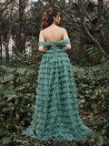 Gorgeous Off-Shoulder Bodice Cascading Ruffle Hem Prom Dress - Elonnashop