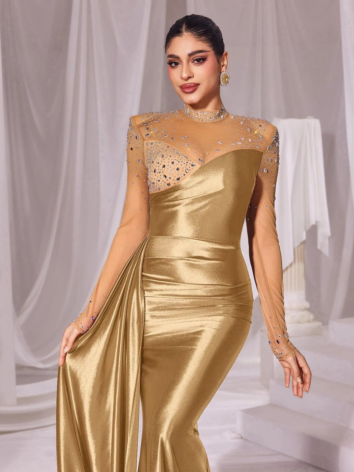 Rhinestone Detail Mock Neck Satin Mermaid Prom Dress - Elonnashop