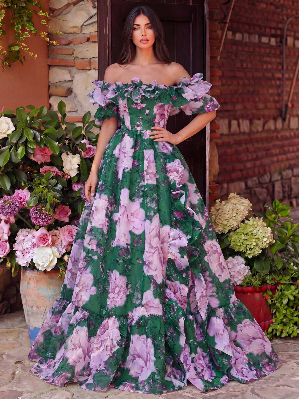 Elegant Ruffle Trim Off Shoulder Floral Organza Prom Dress