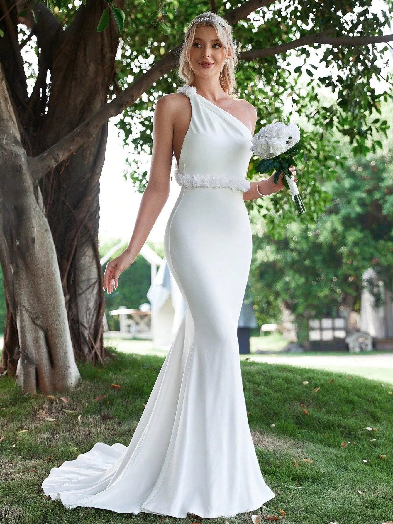 One Shoulder Backless Mermaid Hem Wedding Dress - Elonnashop