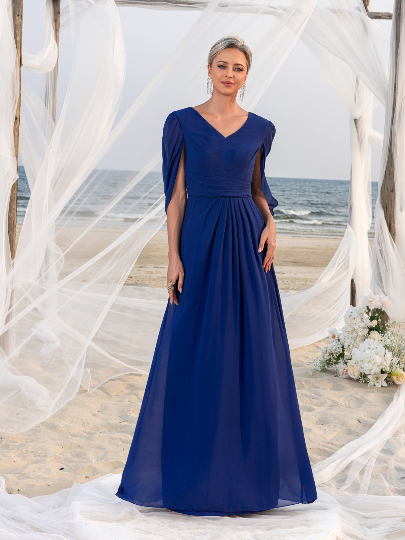 Womens' V-Neck Long-Sleeve Evening Gown with Short Flutter Sleeves – Flowing Tulle Shawl for Outdoor Ceremonies, Formal Garden Parties & Upscale Evening Events