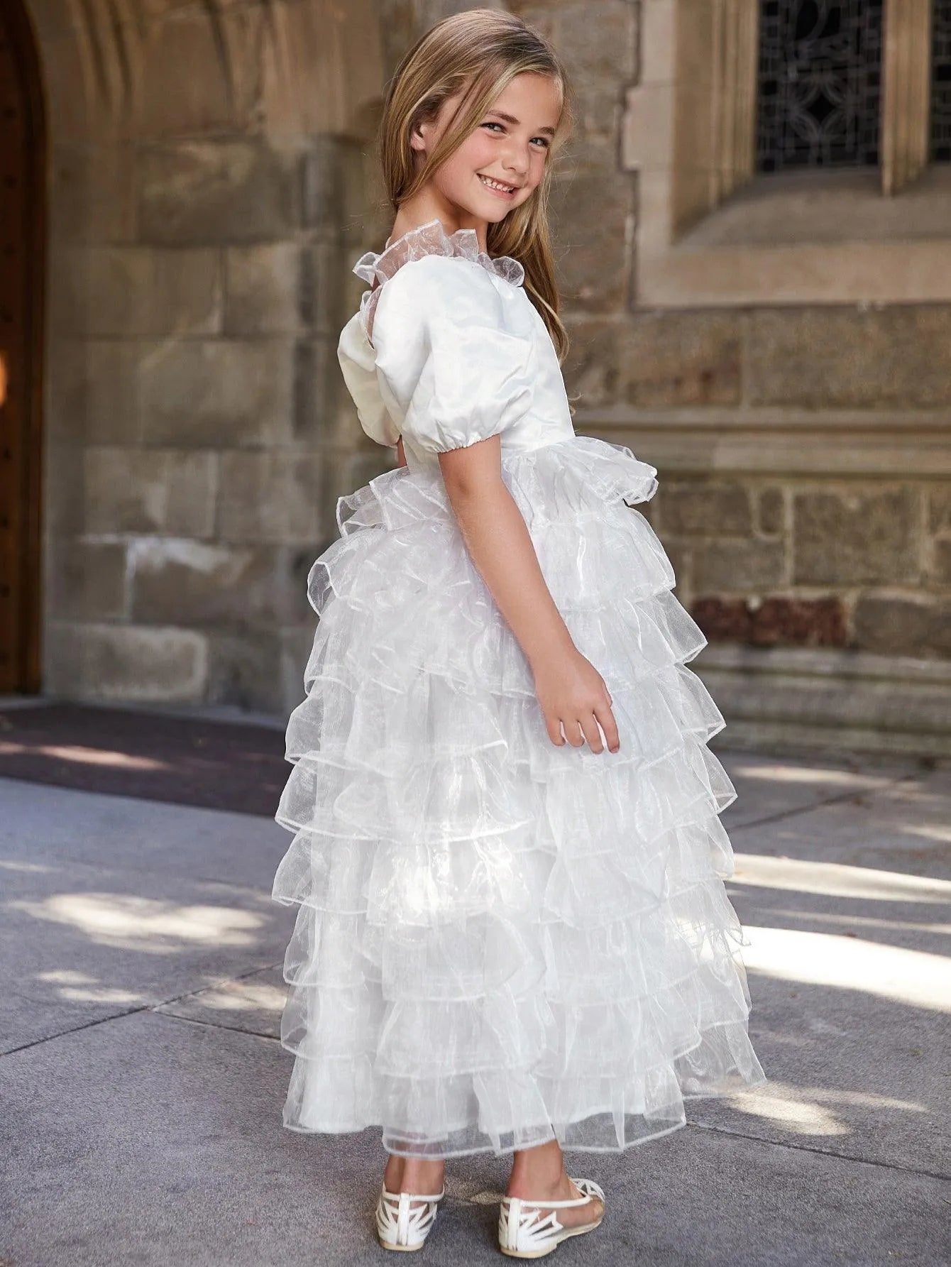 Tween Girls' Puff Sleeve Organza Layered Hem Cake Dress - Elonnashop