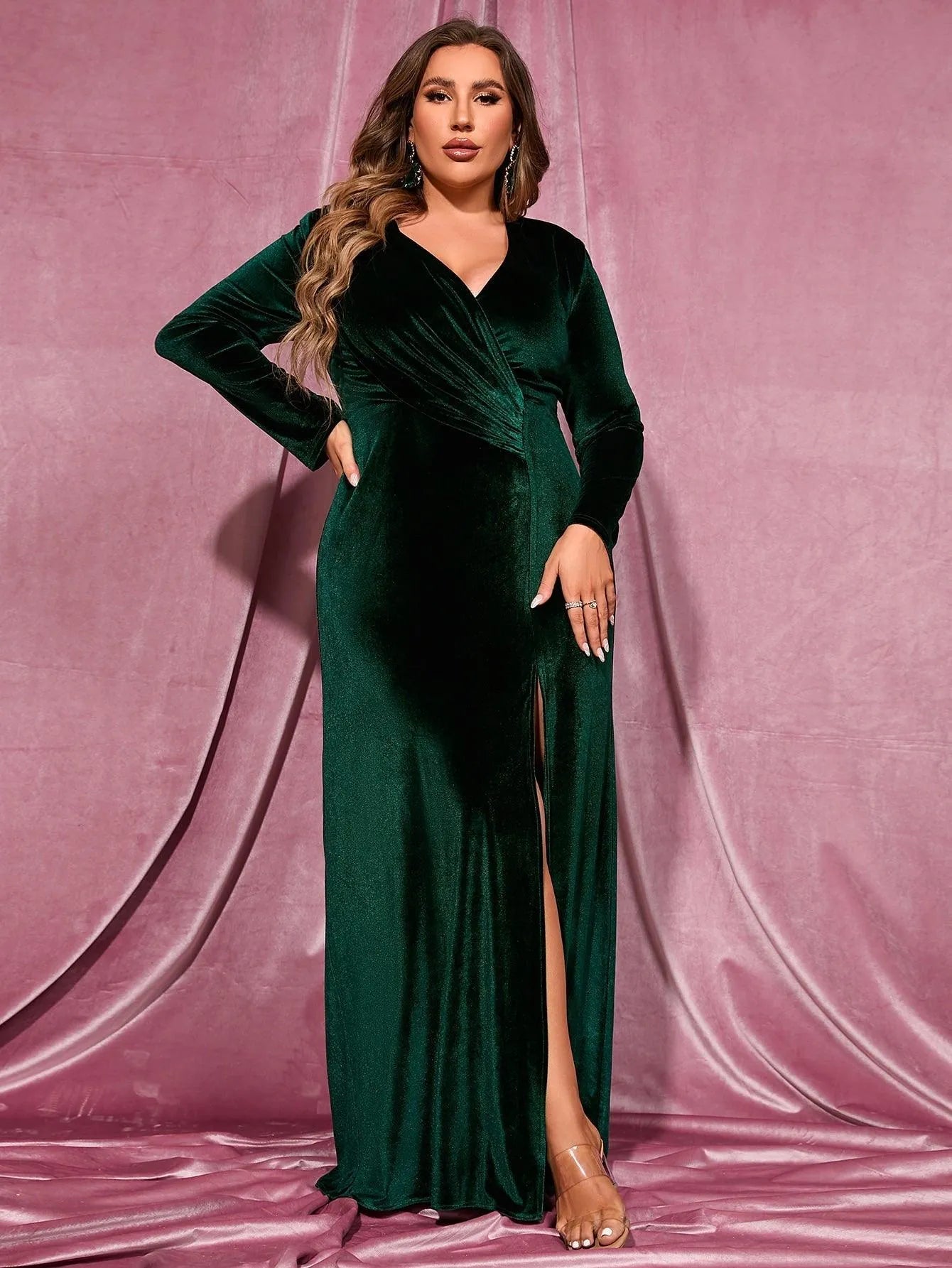 Plus Elegant V Neck Long Sleeve Velvet Slit Dress - Elonnashop