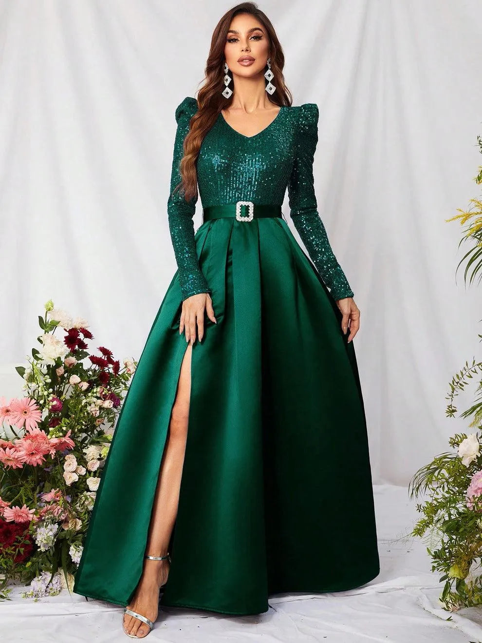 Elegant V Neck Gigot Sleeve Slit A Line Prom Dress - Elonnashop