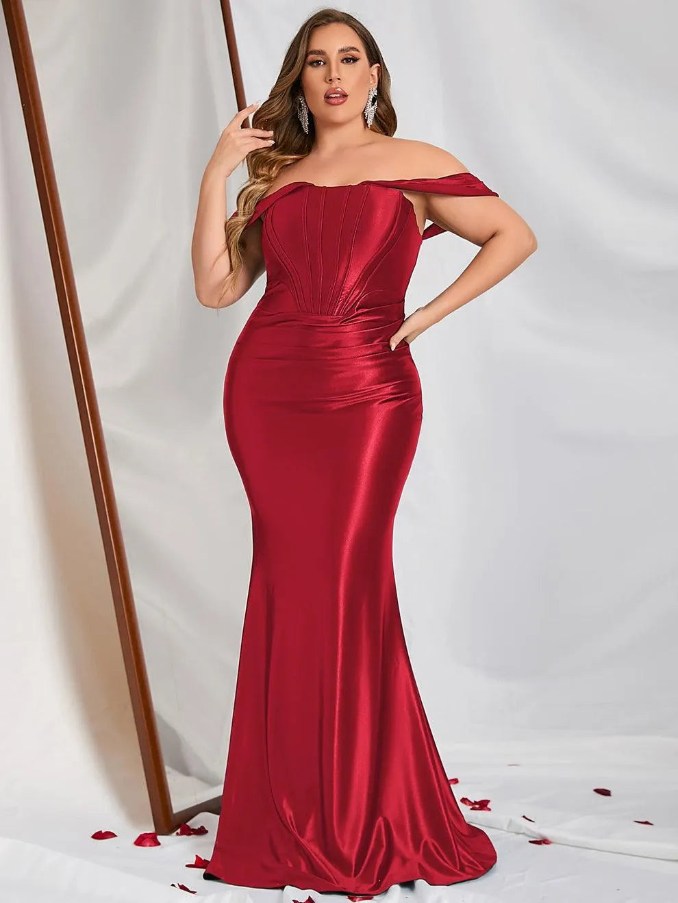 Plus Off Shoulder Satin Mermaid Dresses - Elonnashop