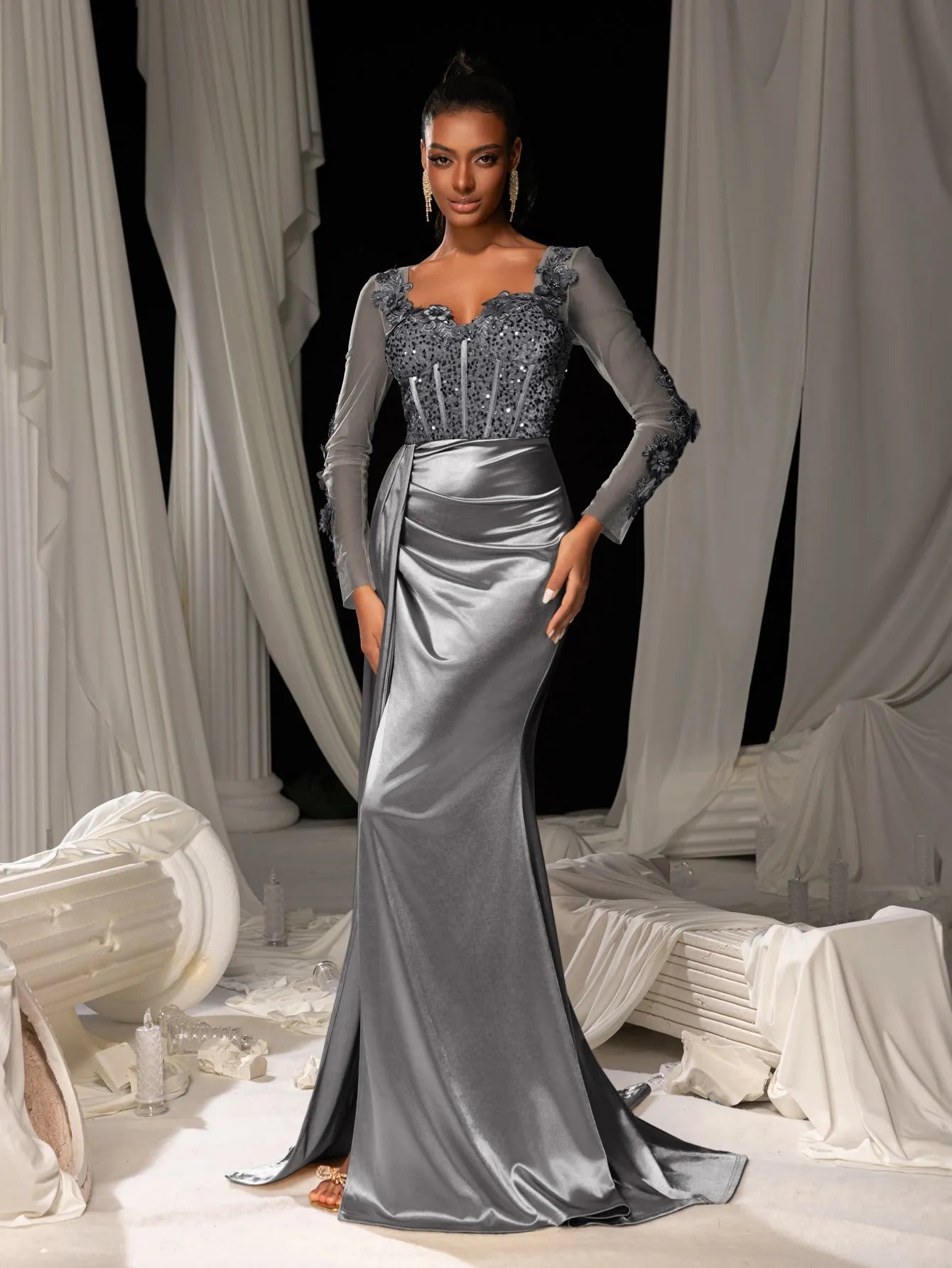 Elegant Sequin Bodice Sheer Sleeves Mermaid Hem Satin Evening Dress Elonnashop Elegant Sequin Bodice Sheer Sleeves Mermaid Hem Satin Evening Dress Elonnashop