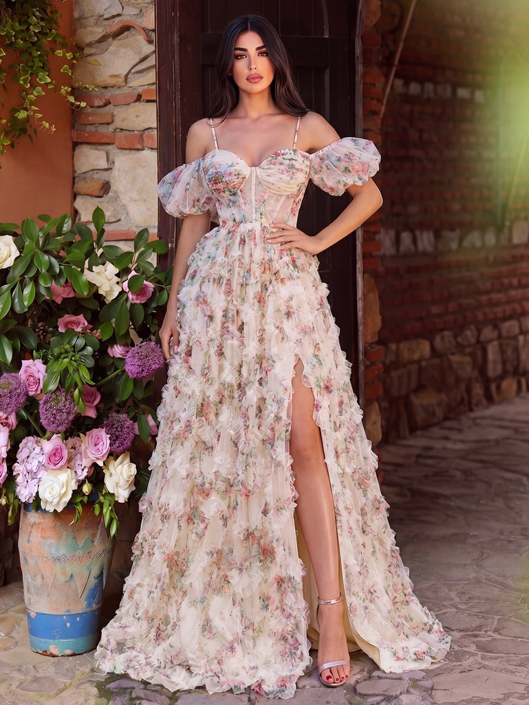 floral tulle dress Baltic Born Womens Layla Maxi | Dusty Olive Dusty blue embroidered tulle maxi with gold and ivory florals Floral Tulle Off Shoulder Cascading